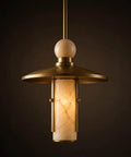 Modern Brass Pendant Chandelier Light Fixture with Alabaster Cylinder Shade Luxury Natural Stone Hanging Ceiling Light with Spherical Marble Accent for Kitchen Dining Room, Bar & Living Room Set of 3