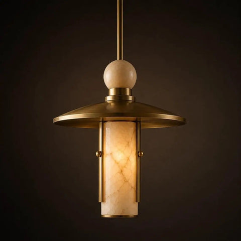Modern Brass Pendant Chandelier Light Fixture with Alabaster Cylinder Shade Luxury Natural Stone Hanging Ceiling Light with Spherical Marble Accent for Kitchen Dining Room, Bar & Living Room Set of 3