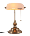 White Matte Glass Banker Desk Lamp In Retro Bronze Finish With Rotatable Lampshade, Pull Switch, Plug In Fixture For Office