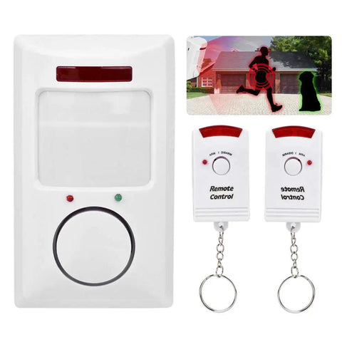 Home Security Alarm System With 105dB Siren Infrared Motion Sensor 30m Long Range Multi Channel Remote Control Wall Alert Easy Install Accurate Detection With Owner ID Delay For Safer Home white wall unit and two remote controls