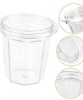 Clear plastic espresso dosing cup with anti scatter powder design, easy clean for coffee machines; cup and lid detail views shown.