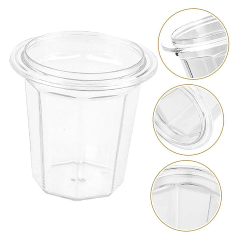 Clear plastic espresso dosing cup with anti scatter powder design, easy clean for coffee machines; cup and lid detail views shown.