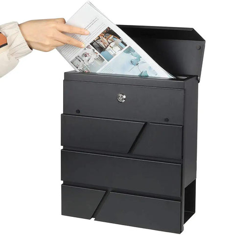 Person placing mail in a sturdy heavy duty large capacity wall mount mailbox with lock and newspaper compartment for outdoor use.