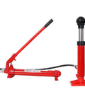 Heavy Duty 10 Ton Porta Power Kit With Hydraulic Pump And Ram Jack Repair Set For Auto Body Frame Work showing red hydraulic pump with ram.