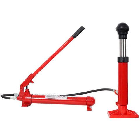Heavy Duty 10 Ton Porta Power Kit With Hydraulic Pump And Ram Jack Repair Set For Auto Body Frame Work showing red hydraulic pump with ram.