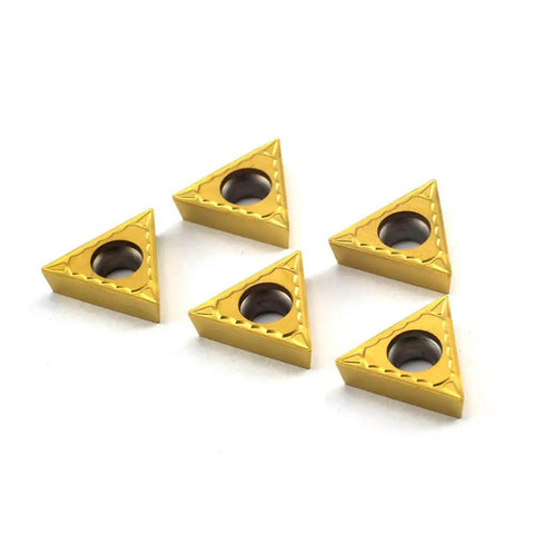 Five triangular tin-coated Carbide Turning Inserts TCMT16T304 TCMT32.51 Positive Cutting Action for steel and cast iron, side view.