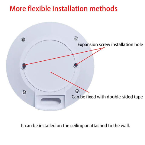 Back view of Zigbee 24GHz MmWave Presence Sensor with installation options for screws and tape for wall and ceiling.