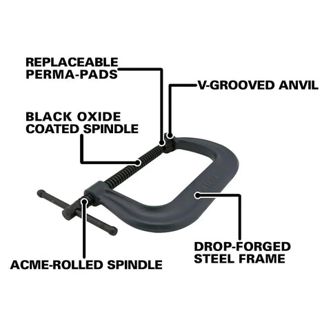 Diagram of Beefy C Clamp With Eight And A Quarter Inch Opening And Four And Fifteen Sixteenths Inch Throat Delivers Six Thousand Nine Hundred Pound Clamping Force Drop Forged Frame ACME Rolled Spindle And V Grooved Anvil For Holding Rounds Squares And Flats Model with labeled features.