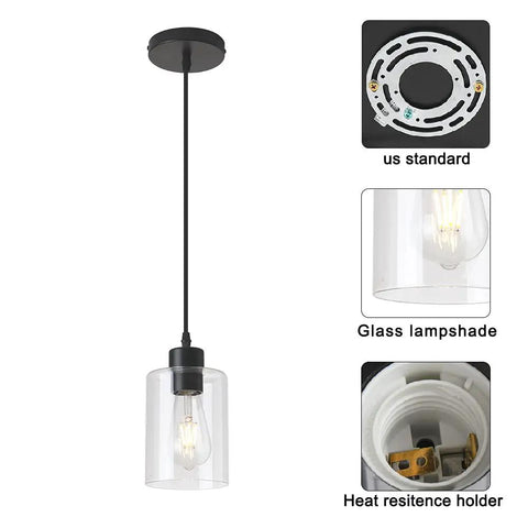 Modern Black Farmhouse Clear Glass Cylinder Pendant Lights Dual Pack For Kitchen Island with 4.75 inch shade detail view
