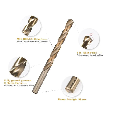Pro Grade M35 Cobalt Drill Bit And Tap Die Set 115 Pieces showing 135° split point drill bit with round straight shank.