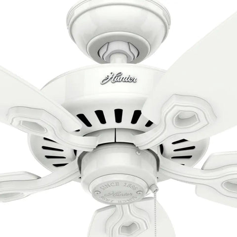 Close-up of 52 Inch Indoor Ceiling Fan No Light With Pull Chain White 5 Blades Standard Mount For Bedroom Living Room Or Kitchen Whisper Quiet Efficient Builder Elite 53240 Snow White