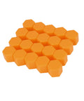 Universal 21mm Orange Silicone Wheel Nut Covers 20 Pack Lug Nut Hub Bolt Caps For Most Cars Rim Screw Caps Tyres Durable Automotive Replacement Parts Easy Install shown in hexagonal shape.