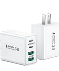 40W USB-C Quad Charger Block With Four Ports, Fast PD And QC Wall Charger For iPhone 17 To 11 Pro Max And Samsung, Dual USB-C PD Ports, 20W Max Per Port, Fast Charge Up To 3x Faster. White 2-pack charger with two USB-C and two USB-A ports