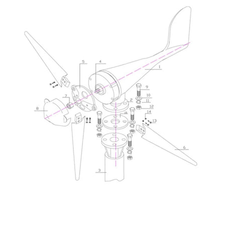 Exploded view of Beefy 300W Wind Turbine Generator For Off Grid Wind Solar Hybrid Power Systems, marine-grade components.