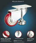 Heavy Duty Two Inch Leveling Plate Caster Wheels With Adjustable Anti Vibration Pads For Furniture showing red polyurethane wheel and steel plate.