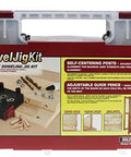 Self Centering Dowel Jig Kit for Woodworking with 3 metal bushings, depth stops, accessory pack in packaging