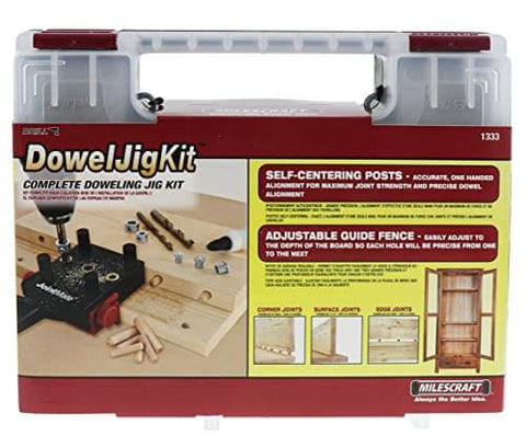 Self Centering Dowel Jig Kit for Woodworking with 3 metal bushings, depth stops, accessory pack in packaging