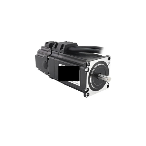 Servo motor, NEMA 23 frame, black body with silver faceplate and protruding shaft.