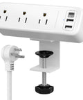 Clamp On Desk Power Strip With USB C Three Outlets Desktop Mount 6.5 Ft Extension Cord White Finish Easy Cable Management
