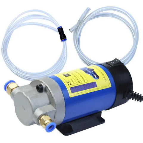 Heavy Duty DC 12V 100W Oil Extractor Pump With Straight Plug In Self Priming Motor and Low Noise design with clear hoses.