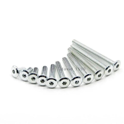 Sturdy Zinc Plated Furniture Connector Bolts Hex Flat Head Allen Screws M5 X 5 20 Pack in a row with allen socket view