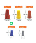 Colorful variety of wire cap connectors in different sizes and colors including blue, red, yellow, orange, and gray with dimensions.