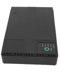 Dont Stress Over Power Outages With This Compact Mini Ups Backup Power Supply Packing 8800mah Capacity And 18w Output To Keep Routers Modems And Security Cameras Running Smoothly, black battery unit with status lights.