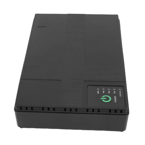 Dont Stress Over Power Outages With This Compact Mini Ups Backup Power Supply Packing 8800mah Capacity And 18w Output To Keep Routers Modems And Security Cameras Running Smoothly, black battery unit with status lights.