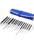 Heavy Duty Punch and Chisel Kit, 16-Piece Set with blue tool storage pouch displayed on white background