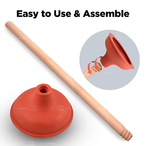 Heavy Duty 6 Inch Rubber Force Cup Plunger With A Trusty 18 Inch Wooden Handle To Blast Away Pesky Blockages In Kitchen Sinks Bath Tubs And Floor Drains Hassle Free, featuring the rubber cup and wooden handle.