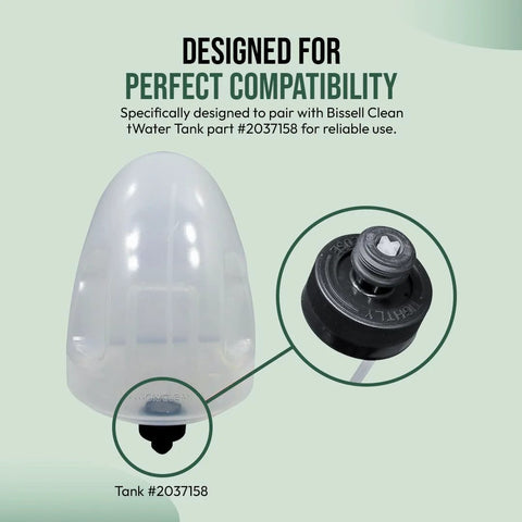 Front view of replacement cap and straw assembly for Bissell Little Green Machine; translucent tank with black cap.