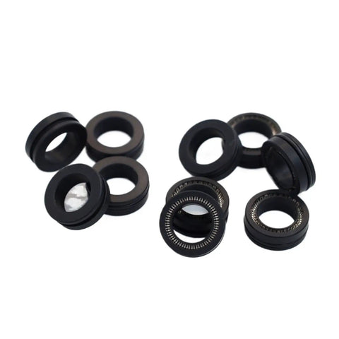 Top-Shelf Rotary Spring Seal PTFE V-Spring NBR O-Ring 10x16x5.5mm set of black rotary seals for hydraulic systems.