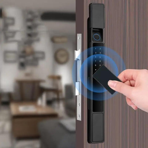Hassle Free Smart Door Lock With Rugged Fingerprint Reader Keyless Entry Kit Encrypted Magnetic Card Swipe Emergency Charger Jack Mechanical Backup Key And Smooth Indoor Flip Switch Top Shelf Home Access Setup