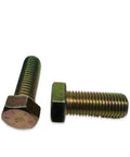 Two 7/8-9 Hex Bolt 2-1/4 Inch Length Yellow Zinc Plated Grade 8 Cap Screw With Coarse Threads on white background