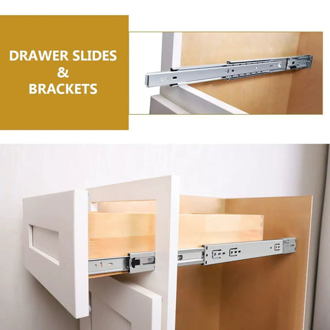 22 Inch Ball Bearing Drawer Slides Soft Close Full Extension Heavy Duty with Brackets installed on kitchen cabinet showcase.