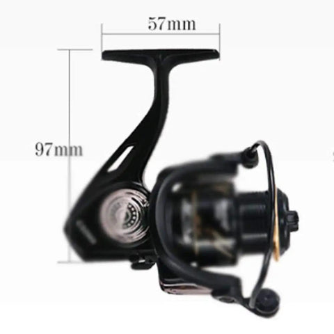 Heavy Duty Metal Spinning Reel For Long Casts With Oblique Mouth Shallow Cup Two Tone Carved Cup shown with dimensions