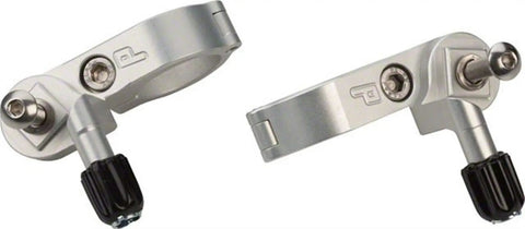 Close view of Thumbies Shifter Mounts for 22.2mm bars, CNC machined 6061 aluminum, silver finish, MTB gear shifter bracket.