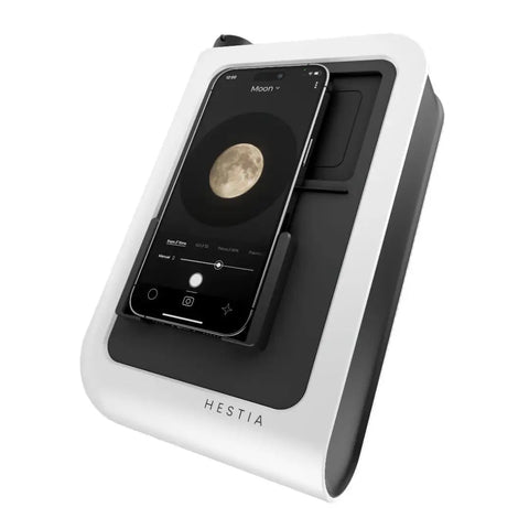 Smartphone Based Telescope Ultimate Pack With Interactive Sky Map And 30mm Aperture attached to phone showing moon image