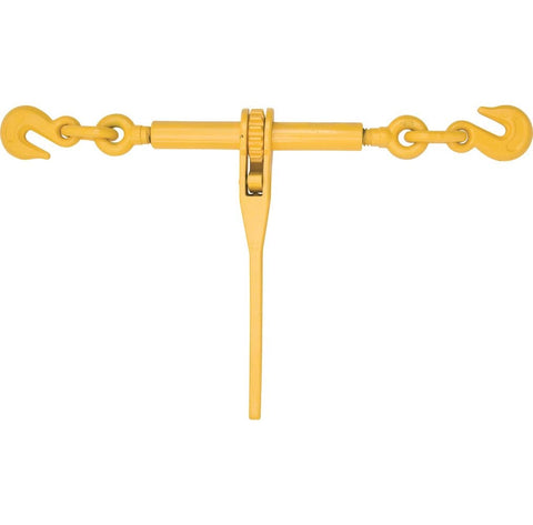 Heavy Duty Ratchet Load Binder For 3/8 To 1/2 Inch Grade 70 Transport Chain, 360 Degree Swivel Grab Hooks, Yellow Finish