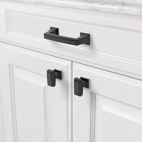 10 Pack 1.4 Inch 35mm Matte Black Cabinet Knobs for Kitchen Cabinets and Dressers, Zinc Alloy Drawer Hardware installed on white cabinets