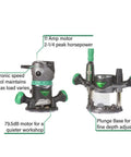 Router Kit With Fixed And Plunge Bases Variable Speed 11 Amp Motor Two And A Quarter Peak HP with depth control labels visible