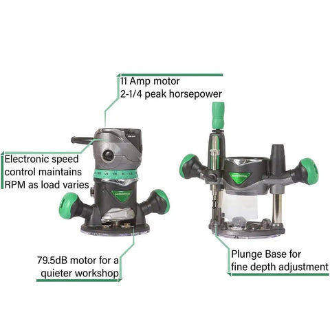Router Kit With Fixed And Plunge Bases Variable Speed 11 Amp Motor Two And A Quarter Peak HP with depth control labels visible