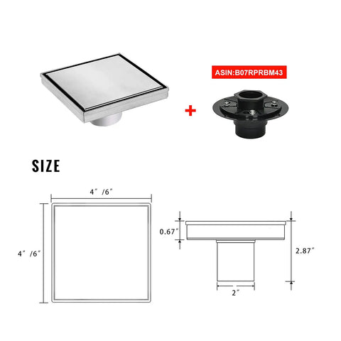 Top Notch 6 Inch Brushed Shower Drain With Full Flange Tile Insert And Blazing Fast X Shaped Diversion Groove For No Sweat Bathroom Water Runoff And Heavy Duty Everyday Life, square design with dimensions.