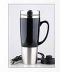 Ride Ready Electric Car Kettle Heats Fresh Water Quick For Coffee And Tea On The Go Built Tight Insulated Stainless Steel Travel Cup standing on a white background.