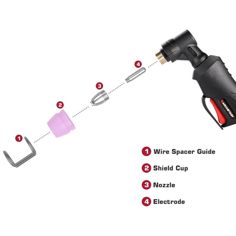 Exploded view of AG60 Plasma Cutting Torch With Four Meter Cable For 50A Pilot Arc Non Touch Plasma Cutter showing components and setup.