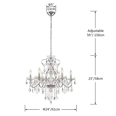 6 Light Crystal Chandelier With Chrome Finish Pendant Lighting For Dining Room Bedroom Living Room Raindrop Style LED Ready Height 23 Inches Diameter 24 Inches Adjustable Chain Up To 60 Inches