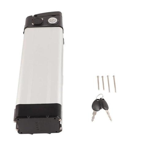 Built Tough Aluminum And Plastic Electric Bike Battery Case For 36V And 48V Lithium Batteries with keys and screws.