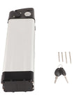 Heavy Duty Battery Box Built Rock Solid For Electric Bikes with aluminum housing, charging socket, keys, and screws.