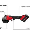 Top Shelf Brushless Angle Grinder Kit Featuring Anti Vibration Grip And Lightning Quick Stop Brake with spindle lock and removable dust screen.