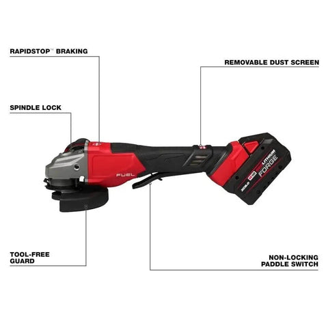 Top Shelf Brushless Angle Grinder Kit Featuring Anti Vibration Grip And Lightning Quick Stop Brake with spindle lock and removable dust screen.